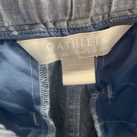 Athleta Cabo Linen Wide Leg Pant Size 4P Petite Blue Zipper Pockets Drawstring - Picture 6 of 8